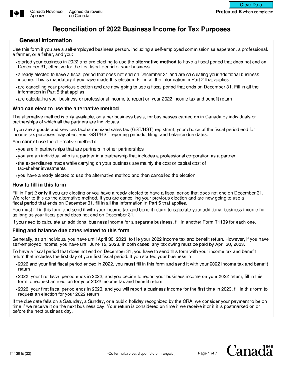 Form T1139 Download Fillable PDF Or Fill Online Reconciliation Of   Form T1139 Reconciliation Of Business Income For Tax Purposes Canada Print Big 