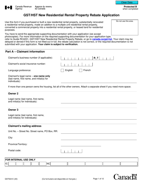 Form GST524 Gst/Hst New Residential Rental Property Rebate Application - Canada