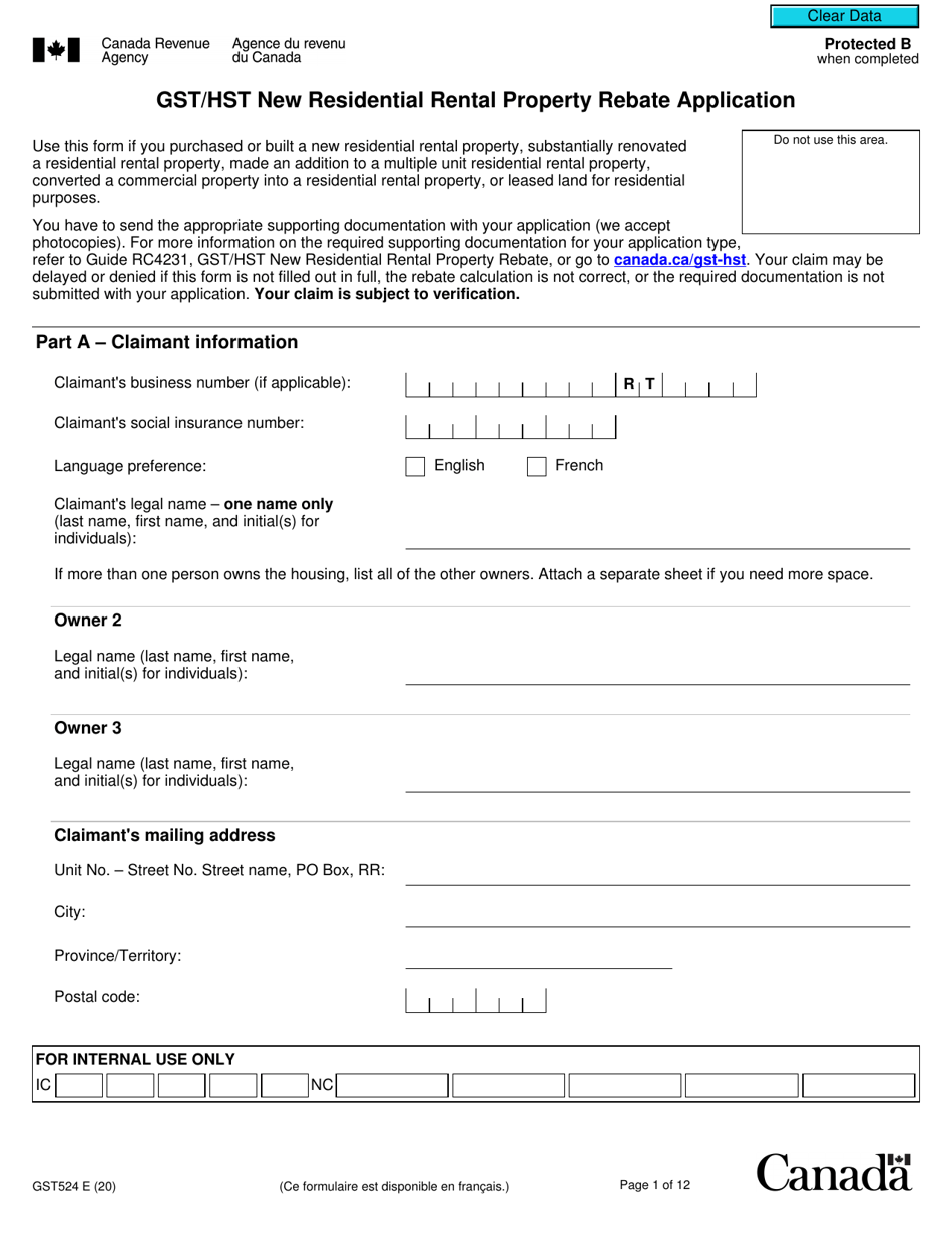 Form GST524 Gst / Hst New Residential Rental Property Rebate Application - Canada, Page 1
