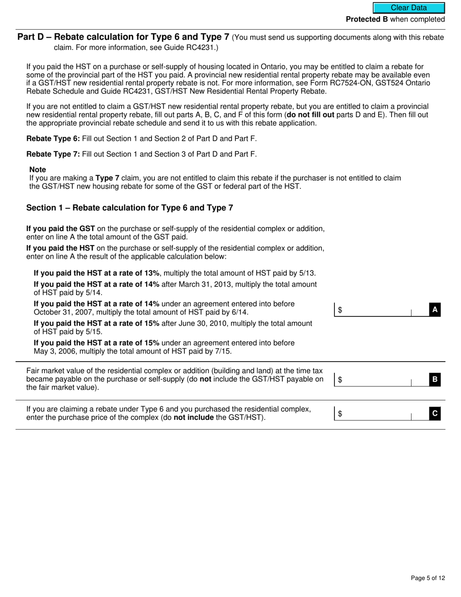 Form GST524 Gst / Hst New Residential Rental Property Rebate Application - Canada, Page 5
