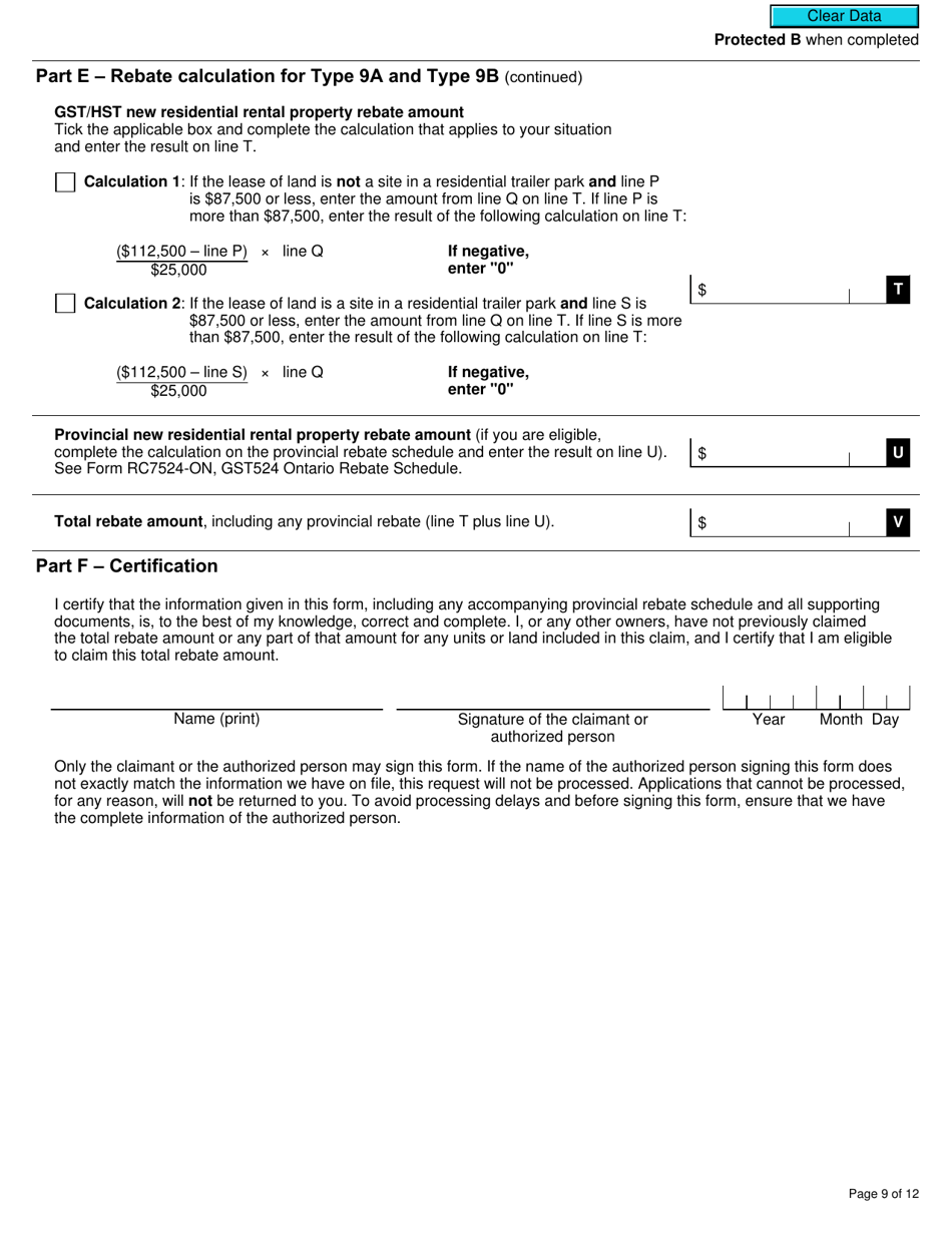 Form GST524 Gst / Hst New Residential Rental Property Rebate Application - Canada, Page 9