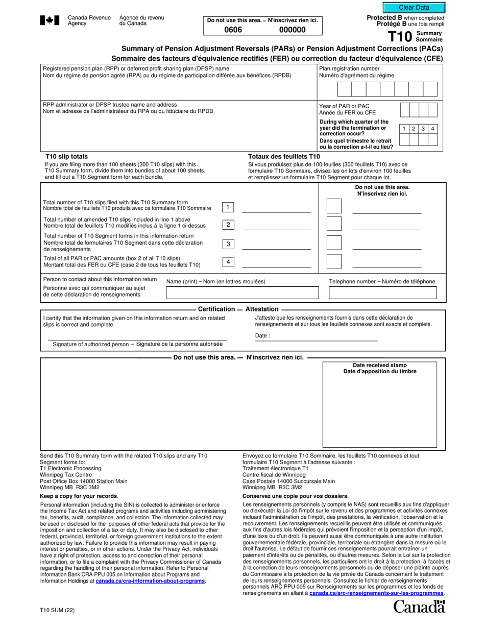 Form T10 SUM Summary of Pension Adjustment Reversals (Pars) or Pension Adjustment Corrections (Pacs) - Canada (English / French), Page 1