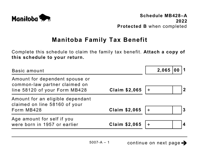 Form 5007-A Schedule MB428-A Manitoba Family Tax Benefit - Large Print - Canada, 2022