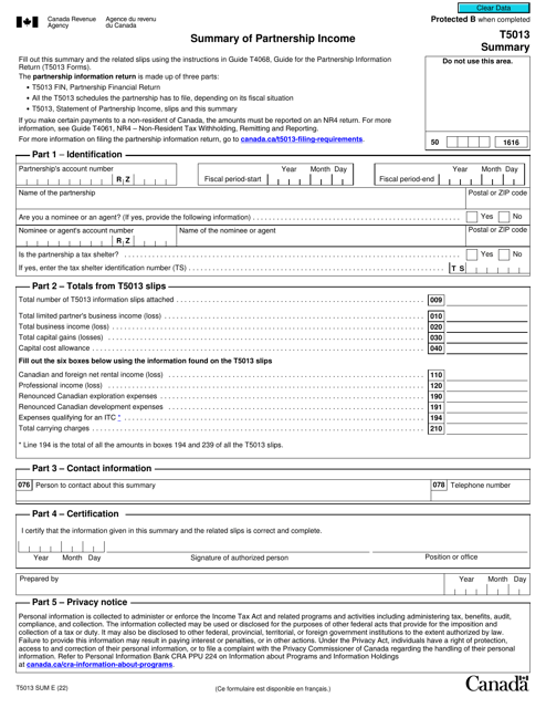 Form T5013 SUM Summary of Partnership Income - Canada