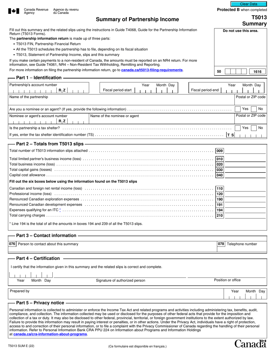 Form T5013 SUM Summary of Partnership Income - Canada, Page 1