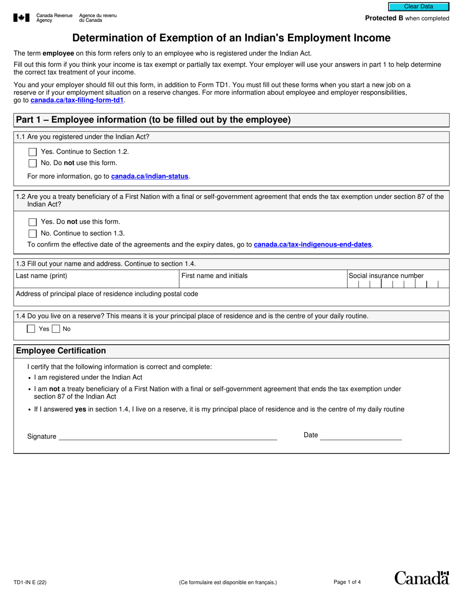 Form TD1IN Download Fillable PDF or Fill Online Determination of