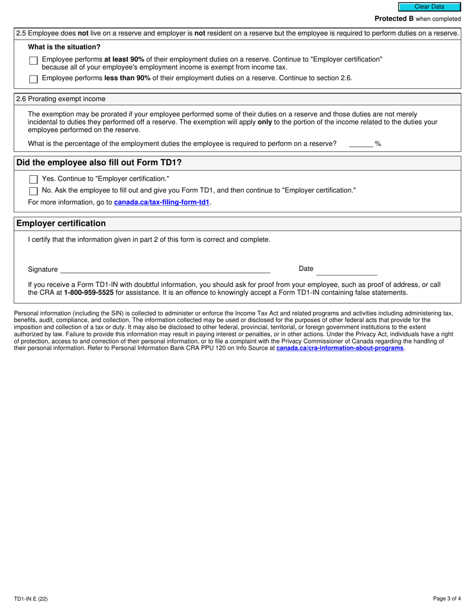 Form TD1IN Download Fillable PDF or Fill Online Determination of Exemption of an Indian's