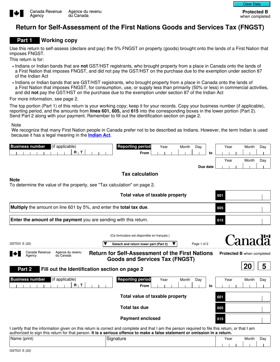 Form GST531 Return for Self-assessment of the First Nations Goods and Services Tax (Fngst) - Canada, Page 1