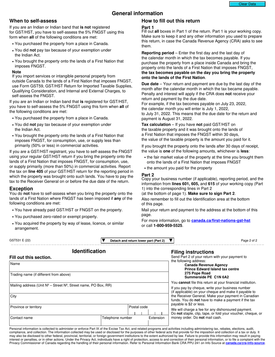 Form GST531 Return for Self-assessment of the First Nations Goods and Services Tax (Fngst) - Canada, Page 2