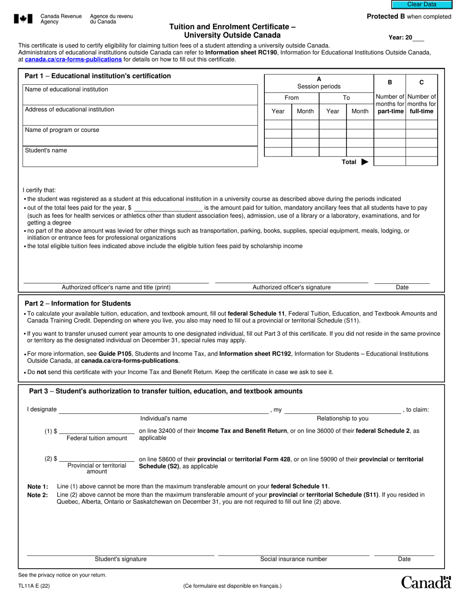Form TL11A Tuition and Enrolment Certificate - University Outside Canad - Canada, Page 1