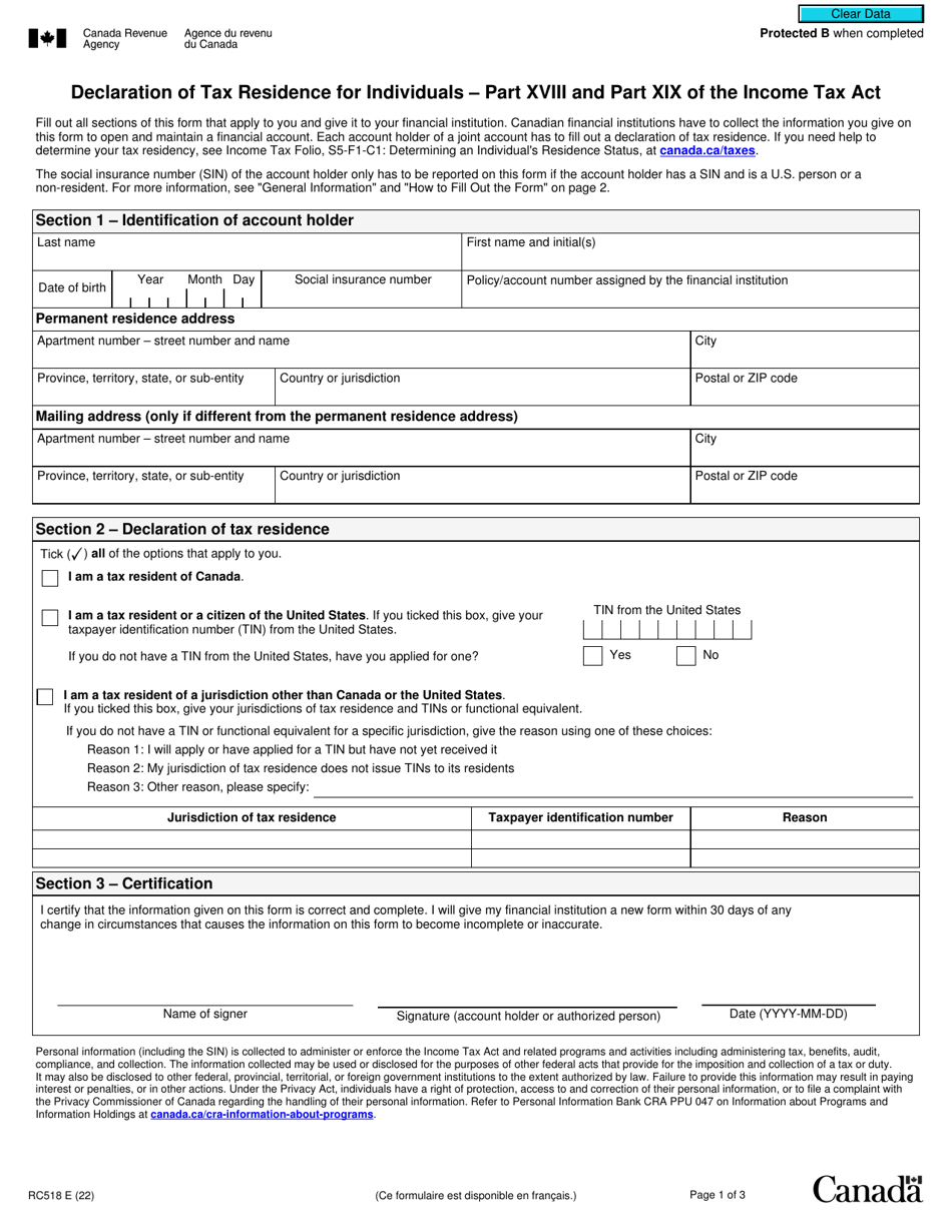 Form RC518 Declaration of Tax Residence for Individuals - Part Xviii and Part Xix of the Income Tax Act - Canada, Page 1