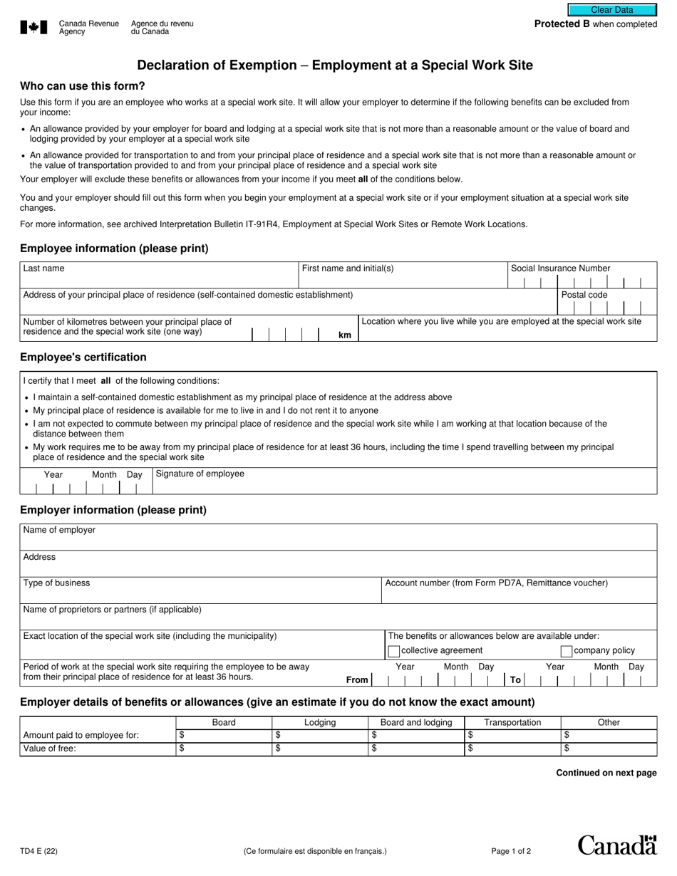 Form TD4 Declaration of Exemption - Employment at a Special Work Site - Canada, Page 1