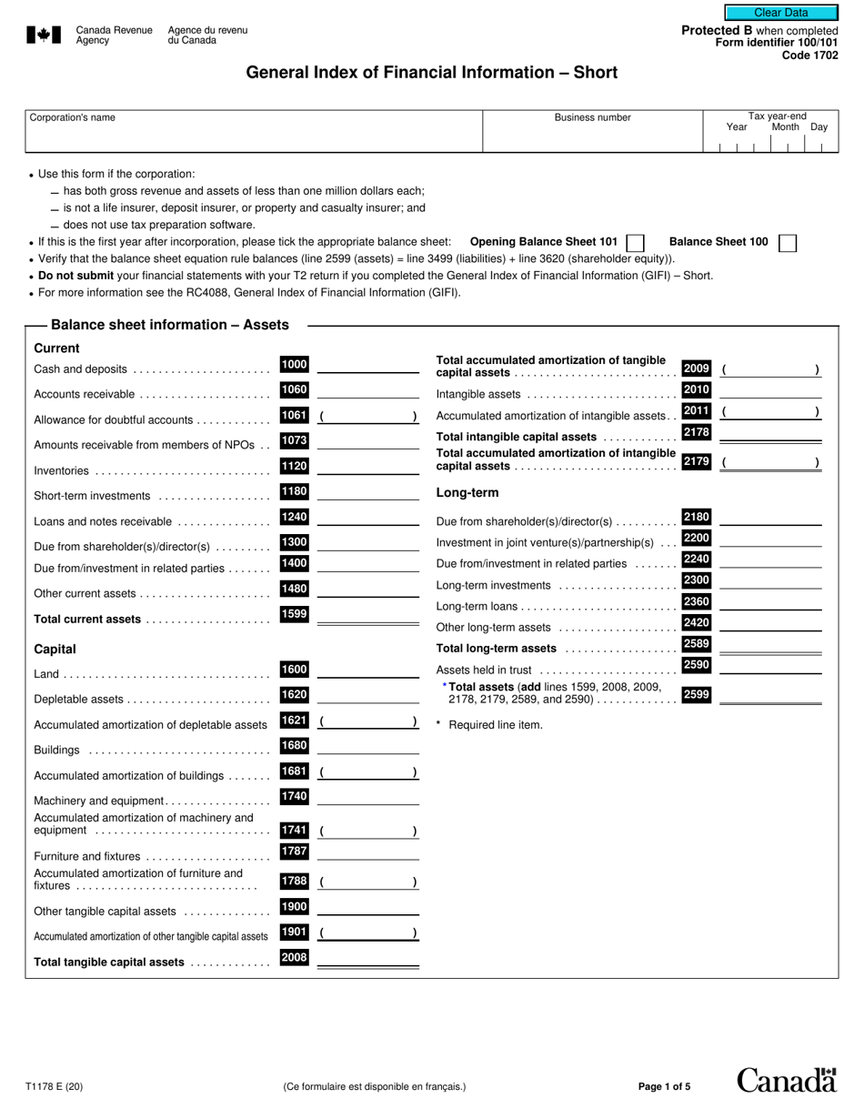 Form T1178 General Index of Financial Information - Short - Canada, Page 1