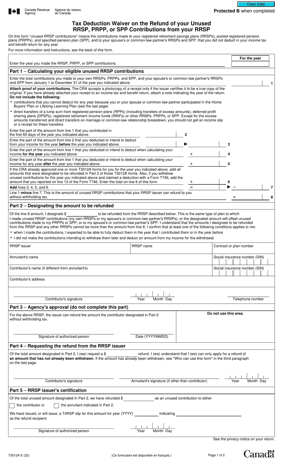 Form T3012A Tax Deduction Waiver on the Refund of Your Unused Rrsp, Prpp, or Spp Contributions From Your Rrsp - Canada, Page 1