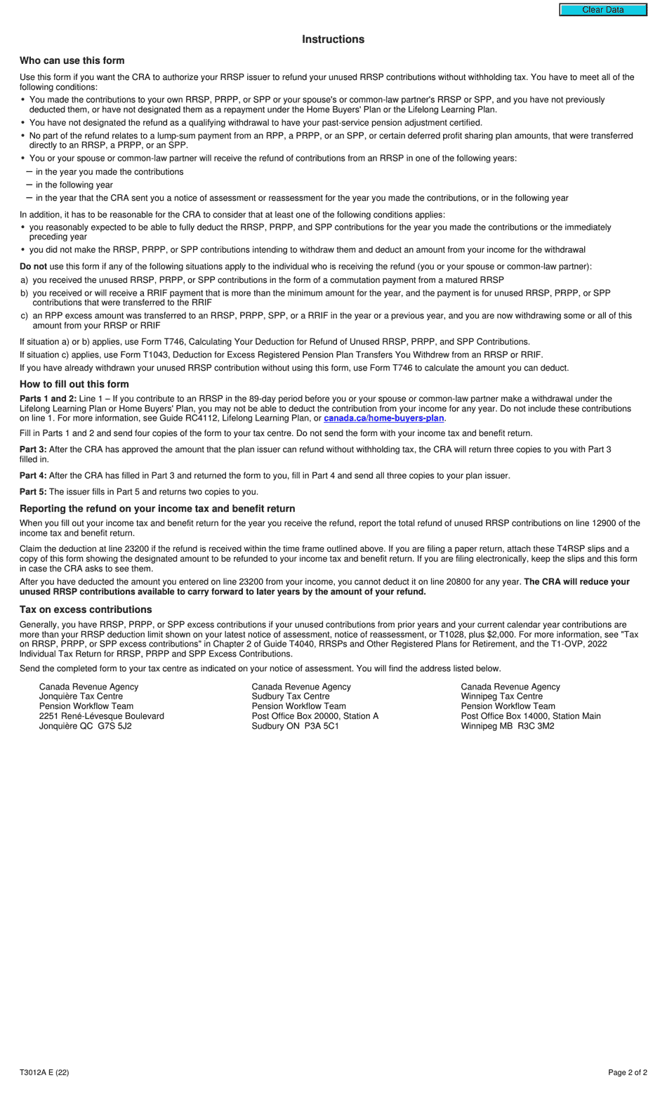 Form T3012A Tax Deduction Waiver on the Refund of Your Unused Rrsp, Prpp, or Spp Contributions From Your Rrsp - Canada, Page 2