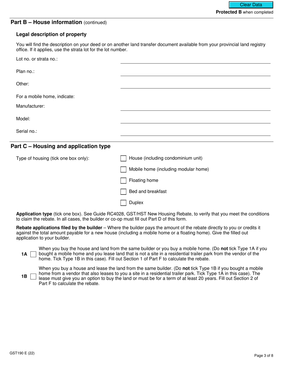 Form GST190 Gst / Hst New Housing Rebate Application for Houses Purchased From a Builder - Canada, Page 3