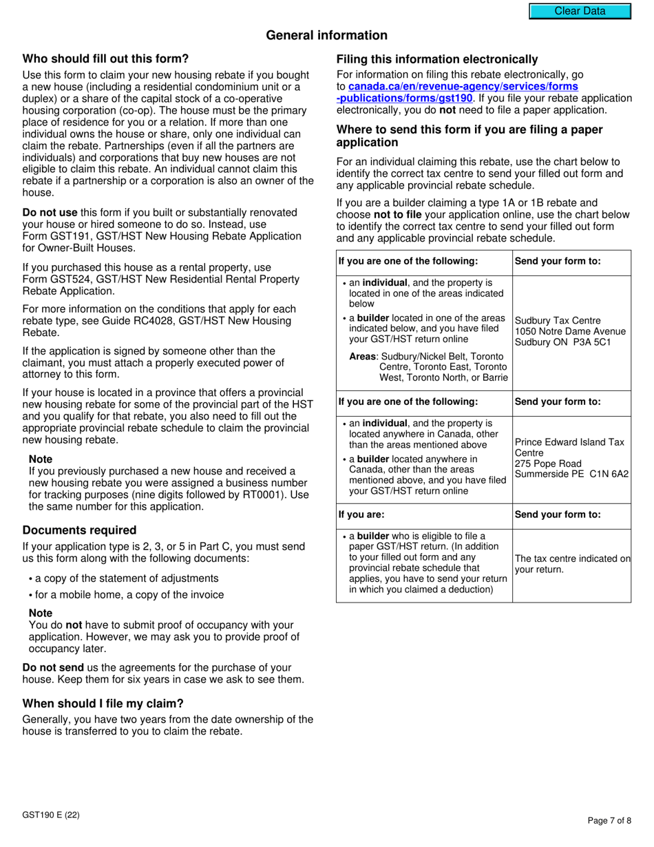 Form GST190 Gst / Hst New Housing Rebate Application for Houses Purchased From a Builder - Canada, Page 7