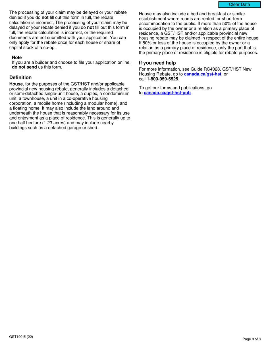 Form GST190 Gst / Hst New Housing Rebate Application for Houses Purchased From a Builder - Canada, Page 8