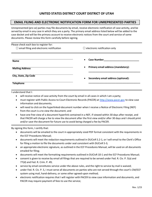 Email Filing and Electronic Notification Form for Unrepresented Parties - Utah Download Pdf