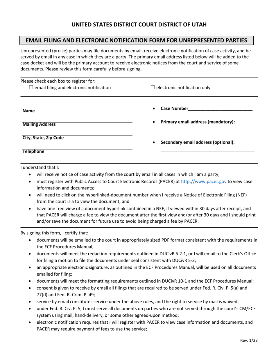 Email Filing and Electronic Notification Form for Unrepresented Parties - Utah, Page 1