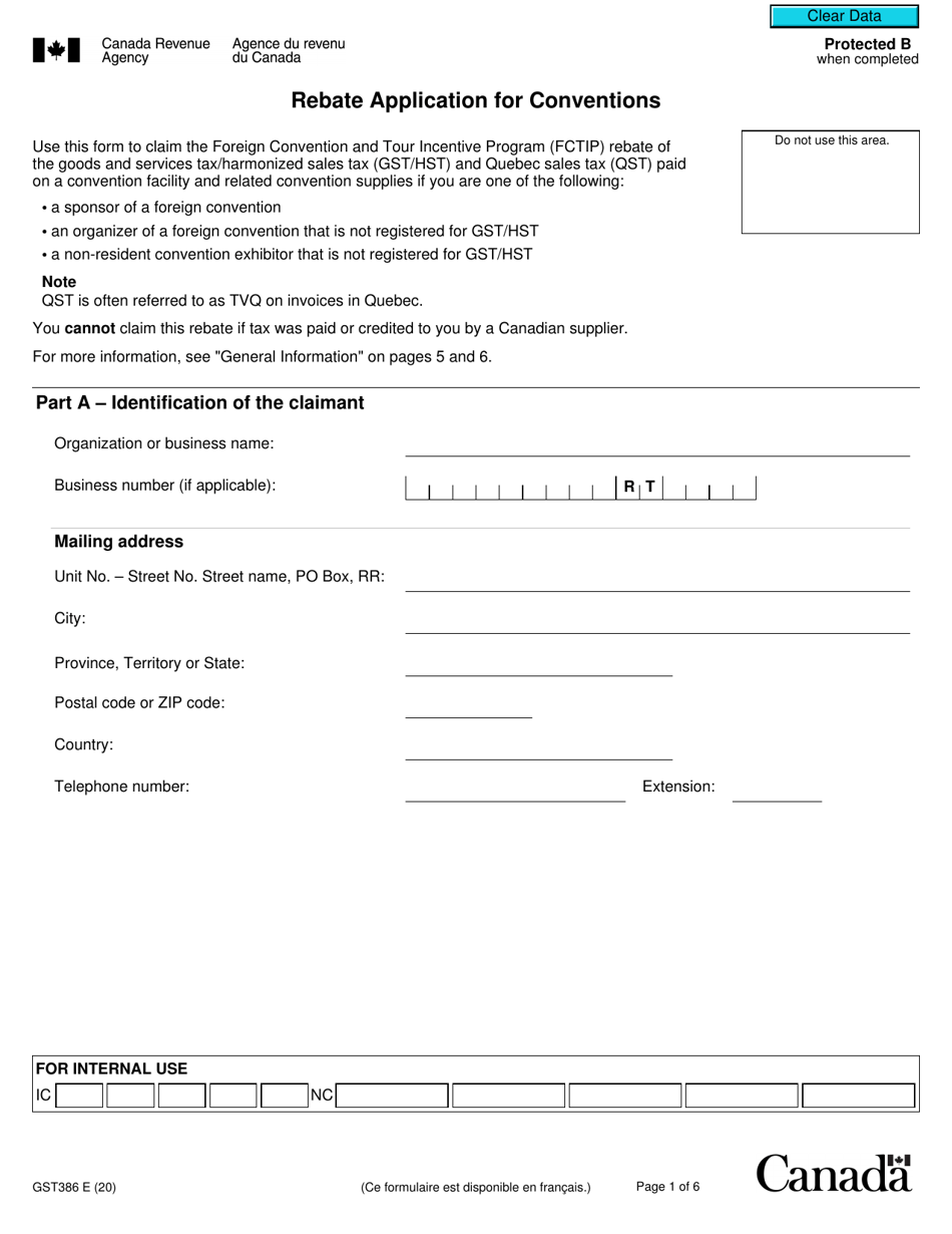 Form GST386 Rebate Application for Conventions - Canada, Page 1