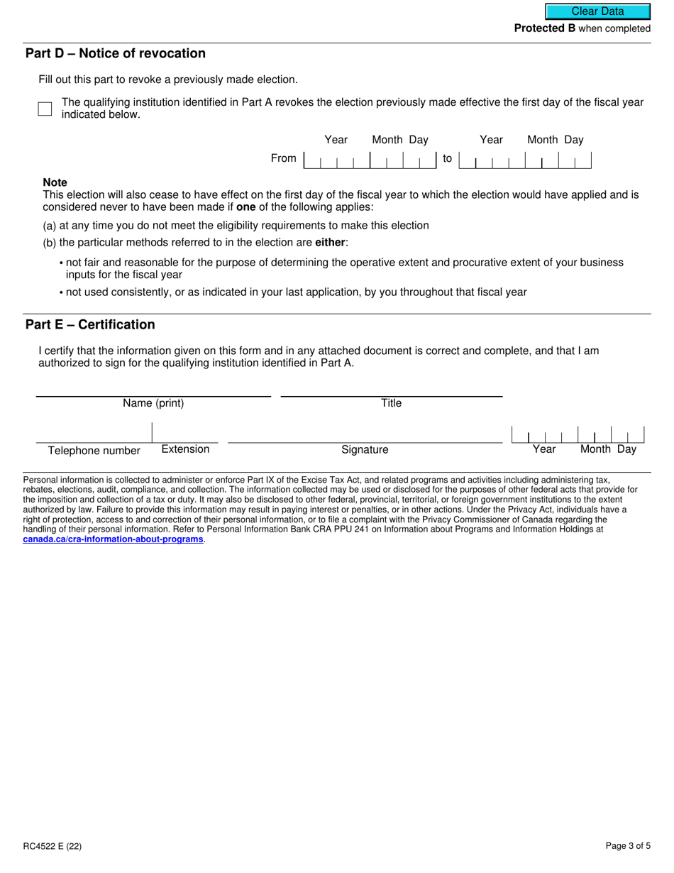 Form RC4522 Election or Revocation for a Qualifying Institution to Use Particular Methods Specified in an Application Under Subsection 141.02(18) - Canada, Page 3