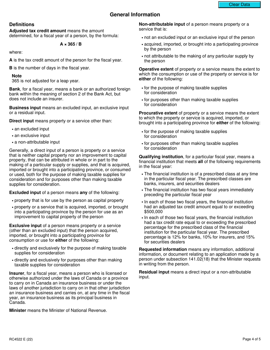 Form RC4522 Election or Revocation for a Qualifying Institution to Use Particular Methods Specified in an Application Under Subsection 141.02(18) - Canada, Page 4