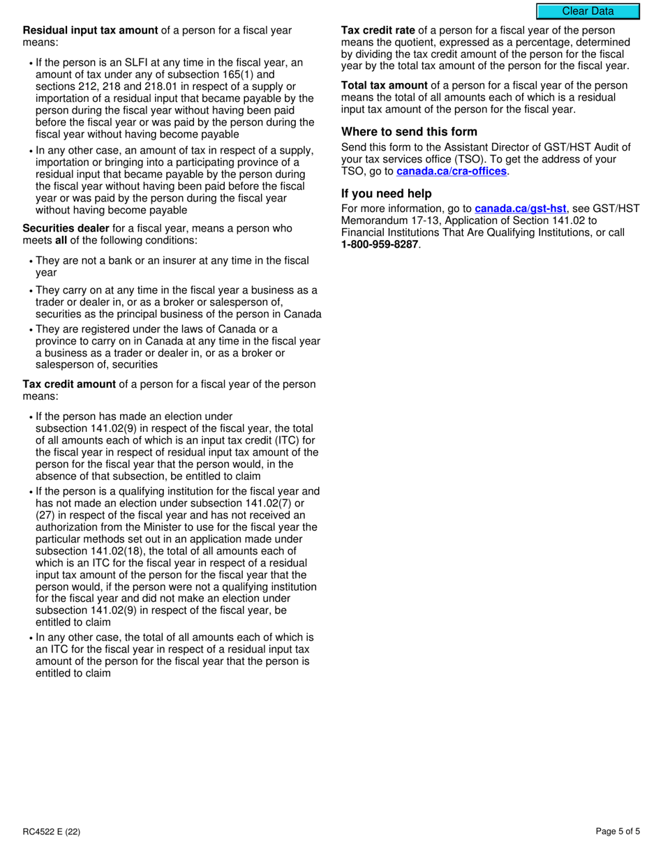 Form RC4522 Election or Revocation for a Qualifying Institution to Use Particular Methods Specified in an Application Under Subsection 141.02(18) - Canada, Page 5