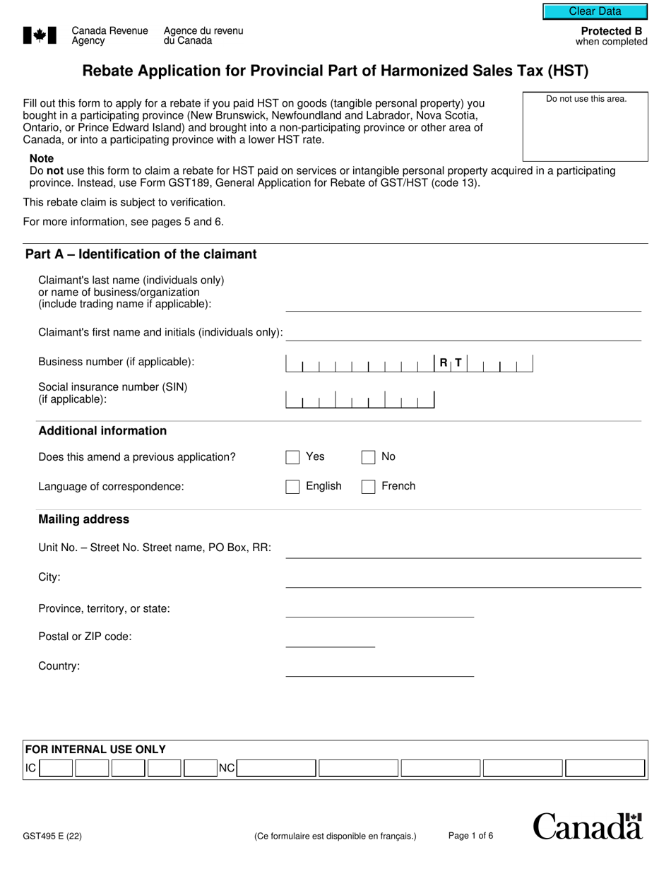 Form GST495 Download Fillable PDF or Fill Online Rebate Application for Provincial Part of