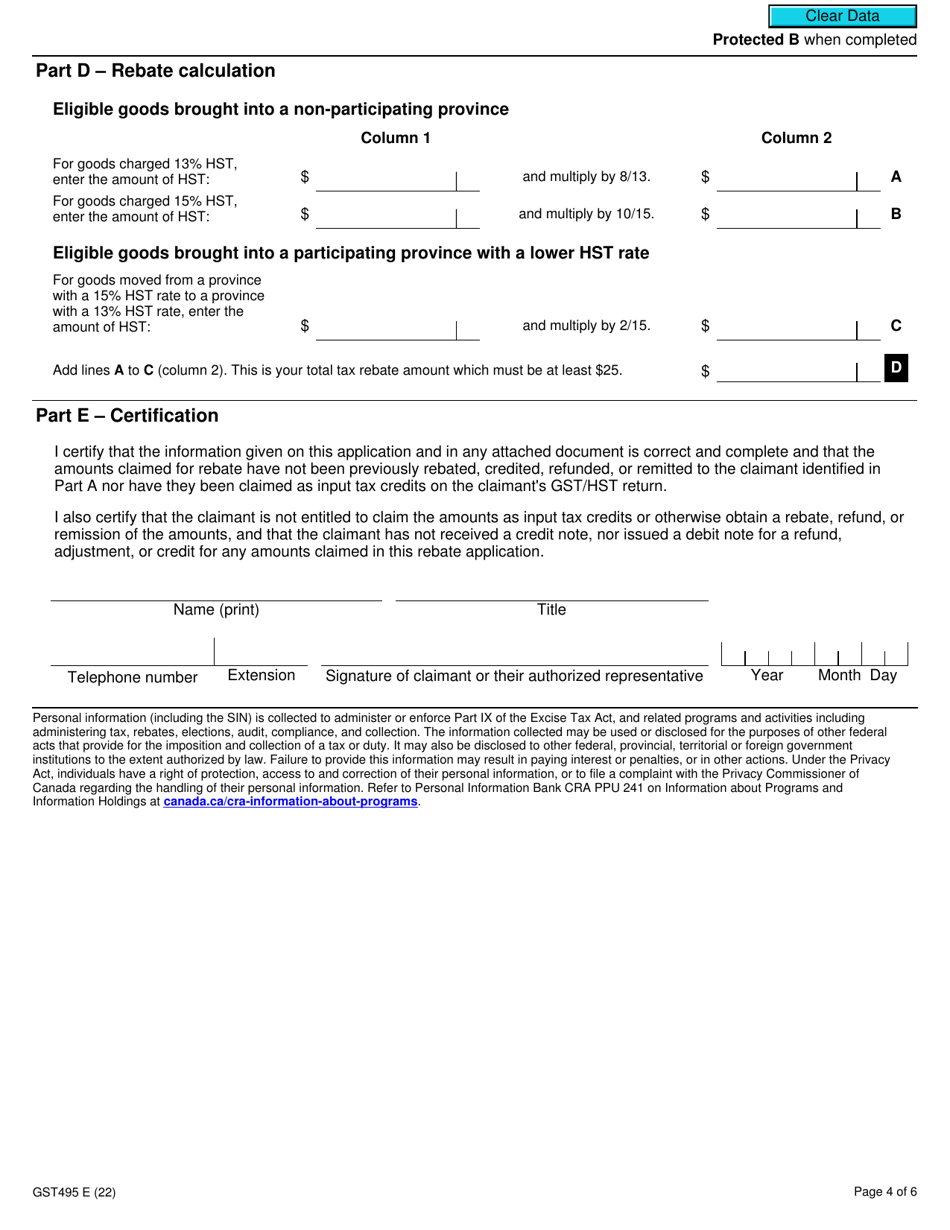 Form GST495 Download Fillable PDF or Fill Online Rebate Application for