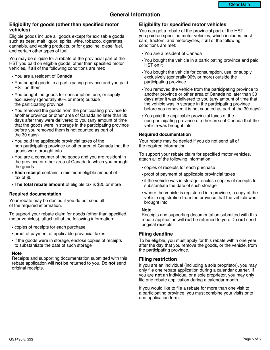 Form GST495 Rebate Application for Provincial Part of Harmonized Sales Tax (Hst) - Canada, Page 5