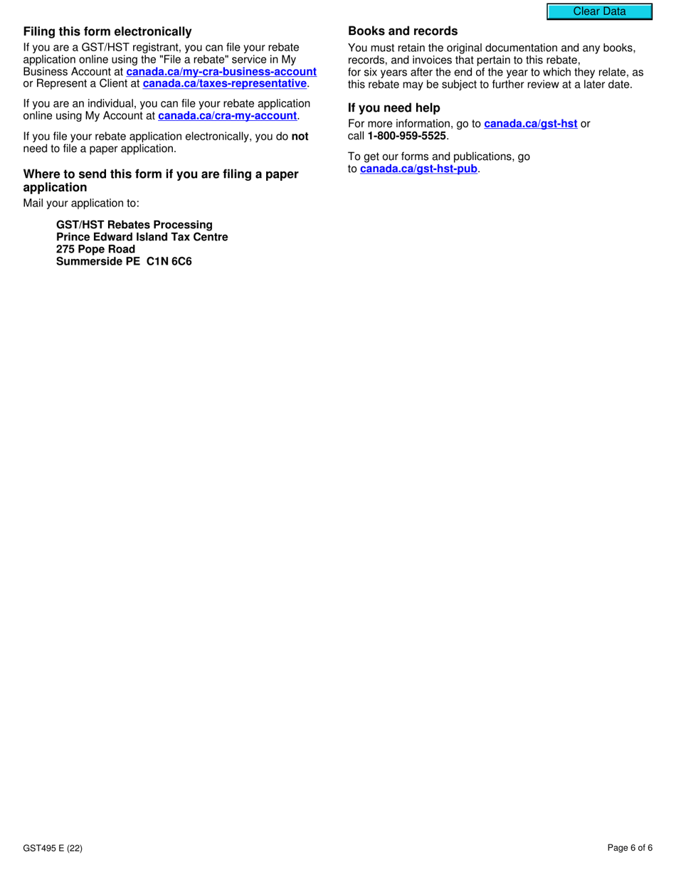 Form GST495 Rebate Application for Provincial Part of Harmonized Sales Tax (Hst) - Canada, Page 6