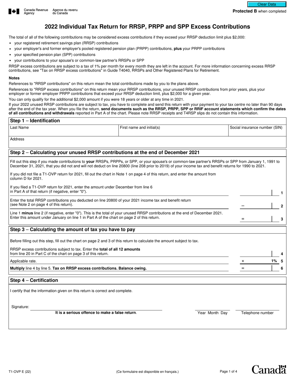 Form T1-OVP Individual Tax Return for Rrsp, Prpp and Spp Excess Contributions - Canada, Page 1