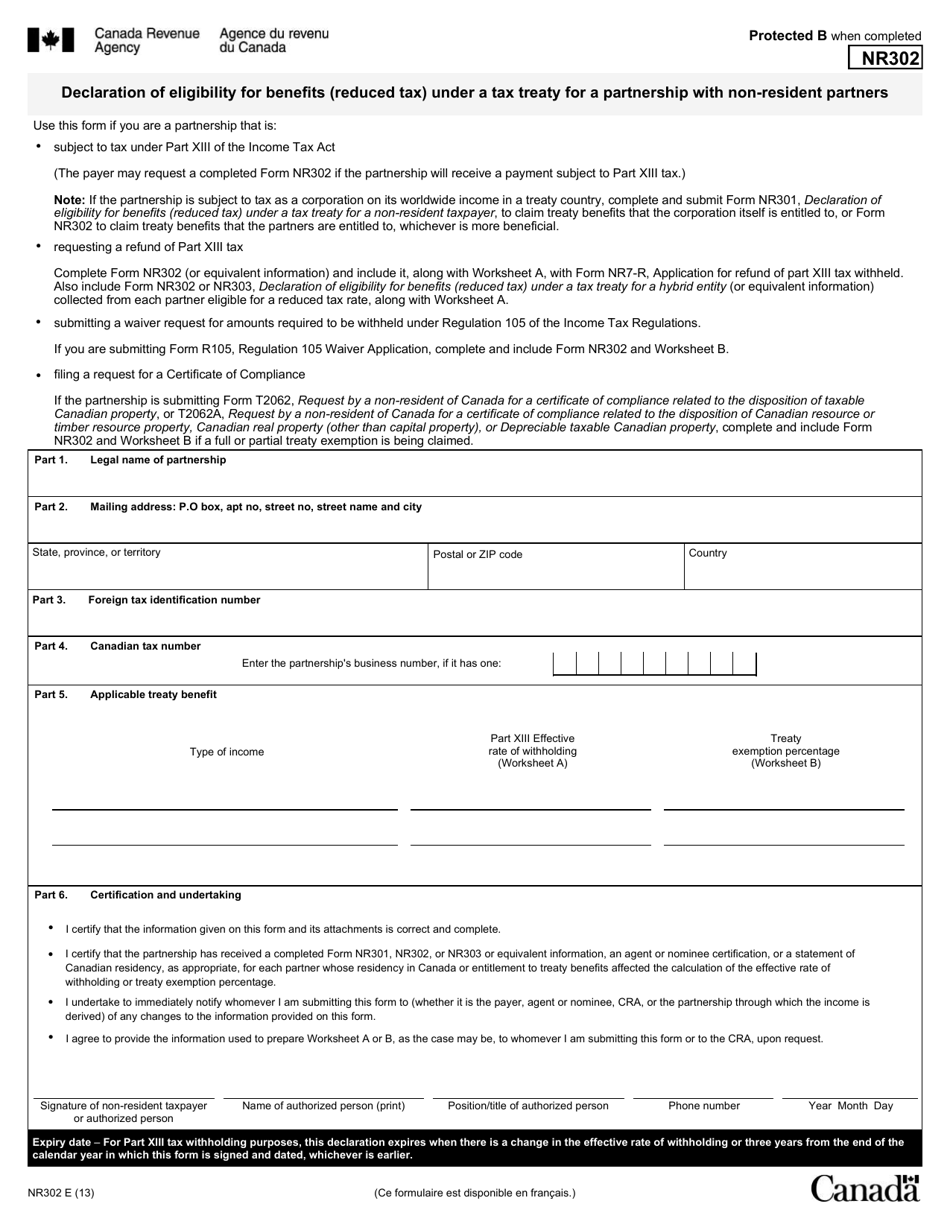 Form NR302 Declaration of Eligibility for Benefits (Reduced Tax) Under a Tax Treaty for a Partnership With Non-resident Partners - Canada, Page 1