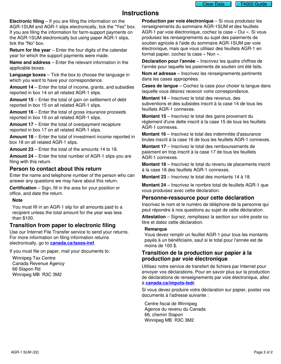 Form AGR-1 SUM Return of Farm-Support Payment - Canada (English / French), Page 2