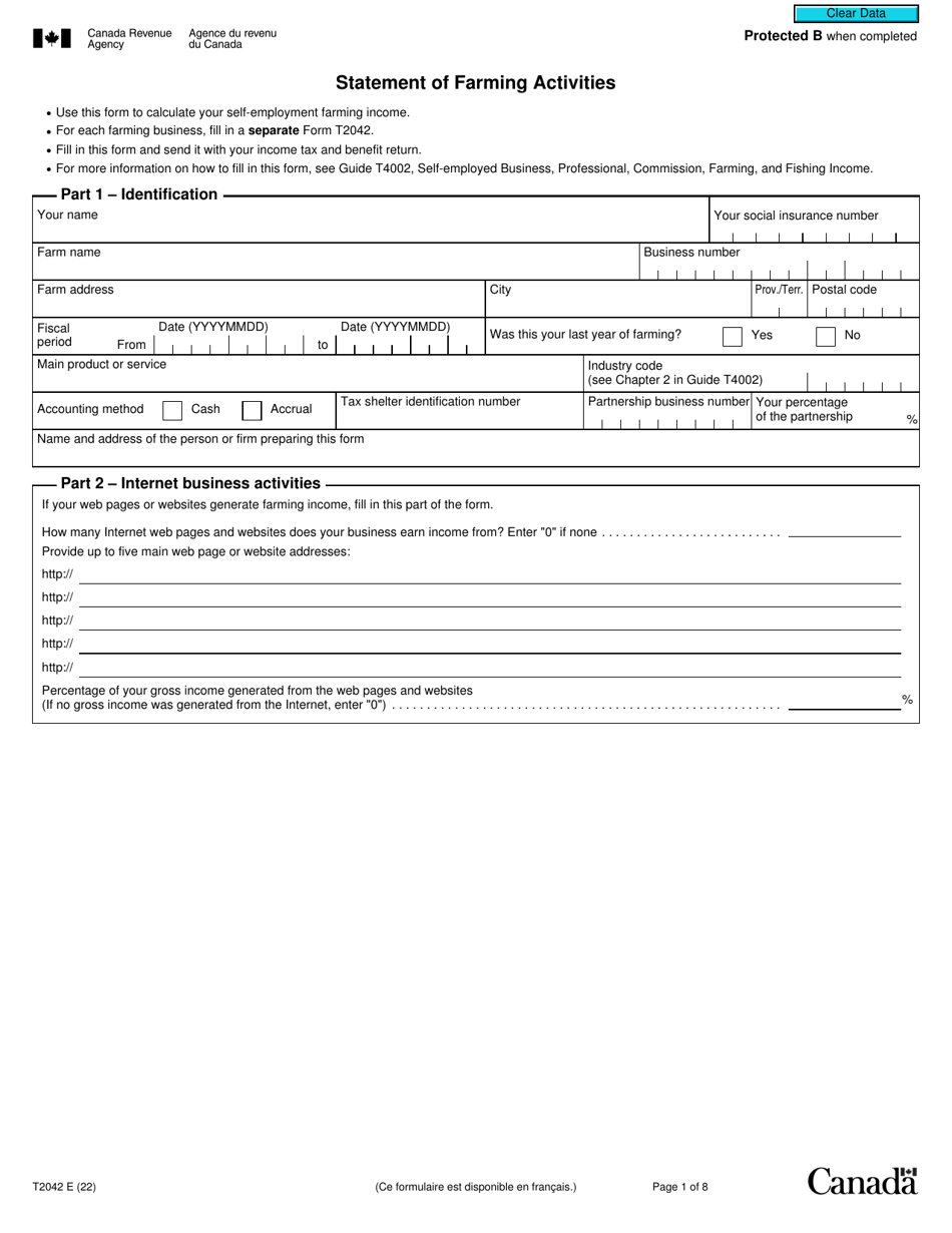 Form T2042 Statement of Farming Activities - Canada, Page 1