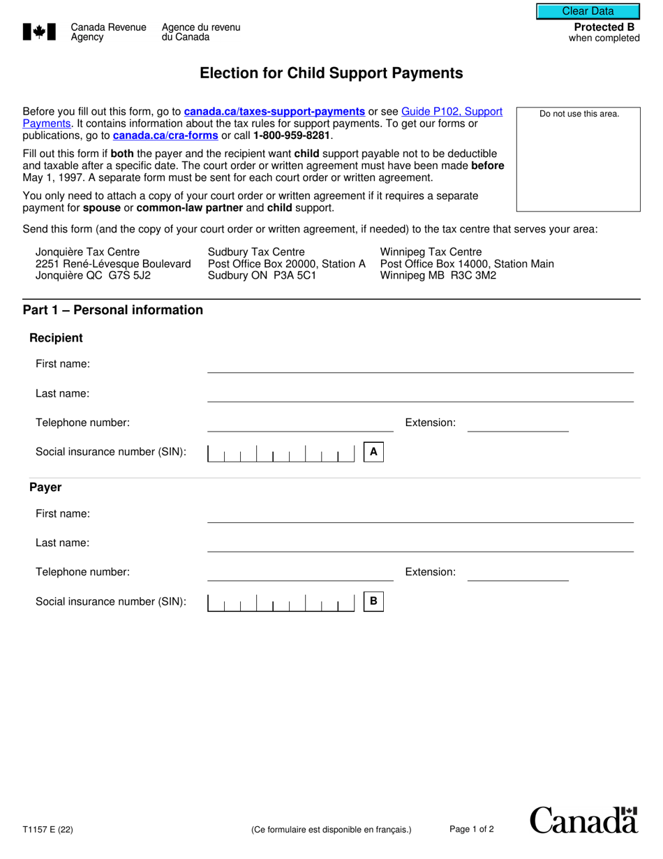 Form T1157 Election for Child Support Payments - Canada, Page 1