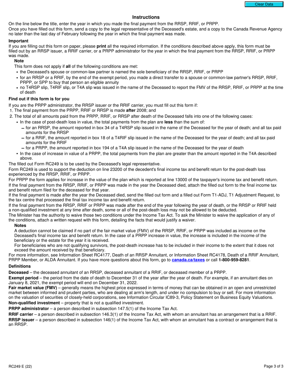 Form RC249 Post-death Decline in the Value of a Rrif, an Unmatured Rrsp and Post-death Increase or Decline in the Value of a Prpp - Canada, Page 3