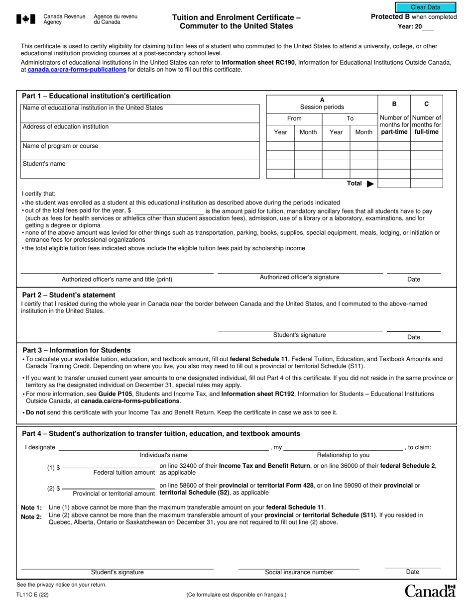 Form TL11C Tuition and Enrolment Certificate - Commuter to the United States - Canada, Page 1