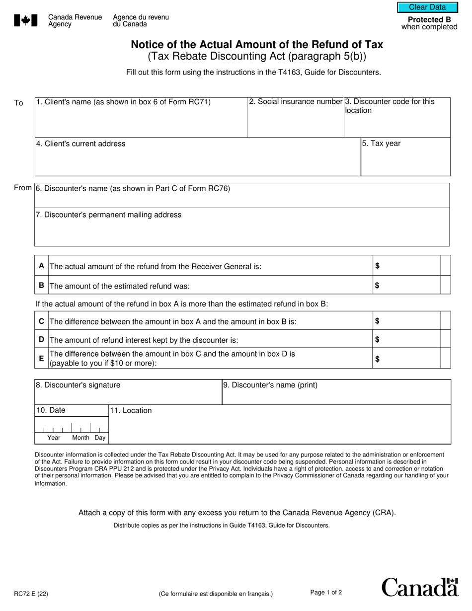 Form RC72 Notice of the Actual Amount of the Refund of Tax - Canada, Page 1