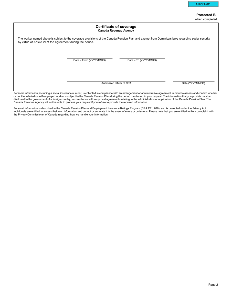Form CPT118 Certificate of Coverage Under the Canada Pension Plan Pursuant to Article VI of the Agreement on Social Security Between Canada and the Commonwealth of Dominica - Canada, Page 3