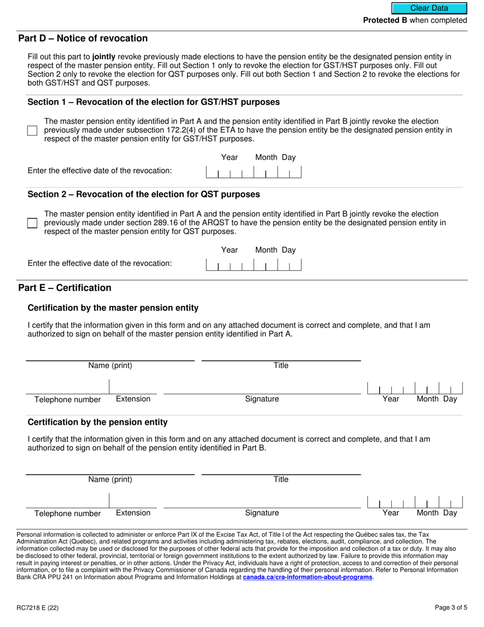 Form RC7218 Elections or Revocation of Elections for Gst / Hst and / or Qst Purposes to Designate a Pension Entity That Is a Selected Listed Financial Institution in Respect of a Master Pension Entity - Canada, Page 3