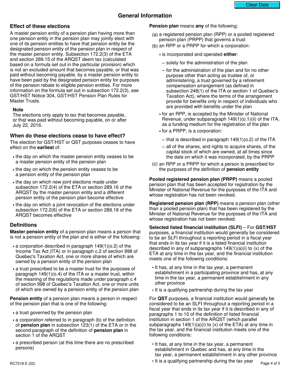 Form RC7218 Elections or Revocation of Elections for Gst / Hst and / or Qst Purposes to Designate a Pension Entity That Is a Selected Listed Financial Institution in Respect of a Master Pension Entity - Canada, Page 4