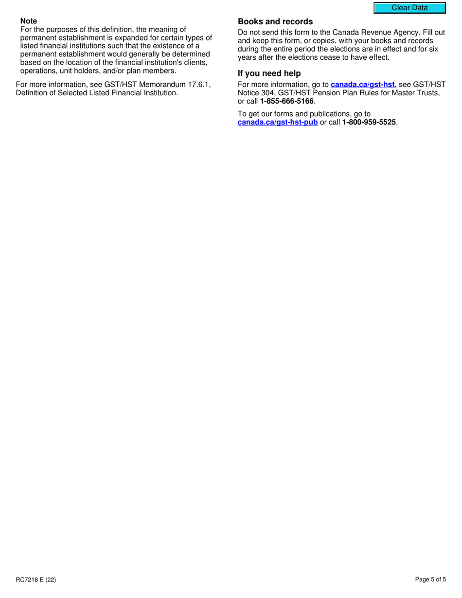 Form RC7218 Elections or Revocation of Elections for Gst / Hst and / or Qst Purposes to Designate a Pension Entity That Is a Selected Listed Financial Institution in Respect of a Master Pension Entity - Canada, Page 5