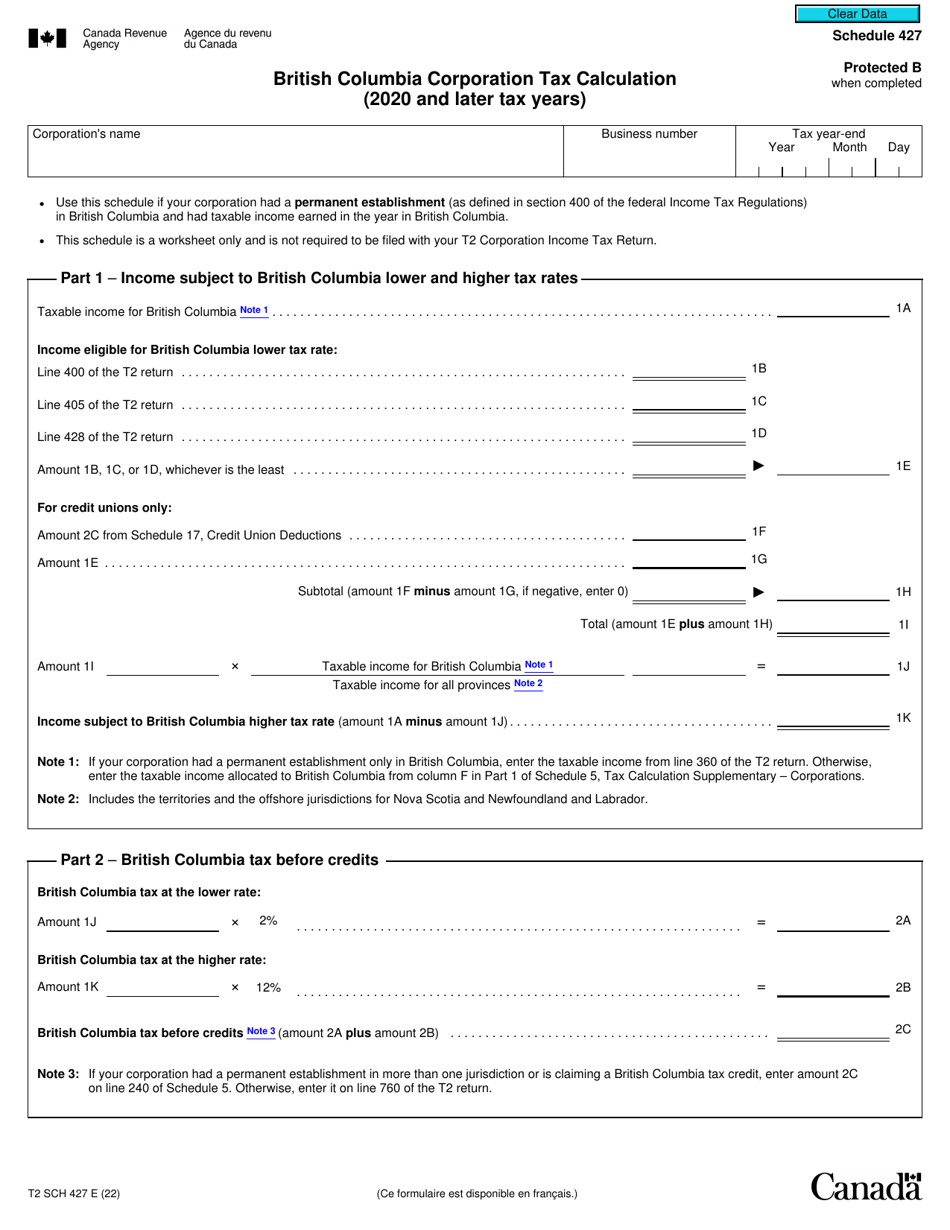 Form T2 Schedule 427 British Columbia Corporation Tax Calculation (2020 and Later Tax Years) - Canada, Page 1