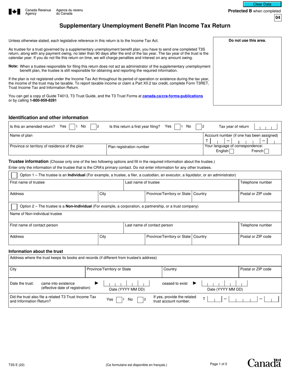 Form T3S Supplementary Unemployment Benefit Plan Income Tax Return - Canada, Page 1