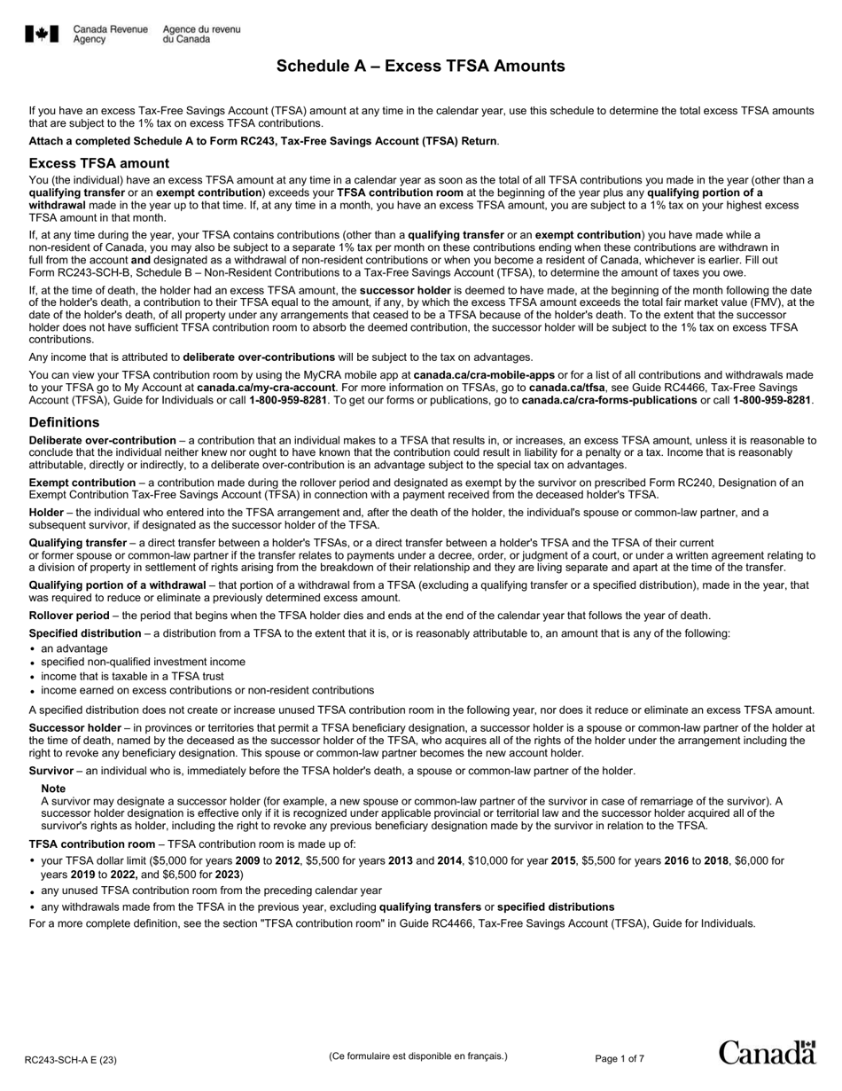 Form RC243 Schedule A Excess Tfsa Amounts - Canada, Page 1