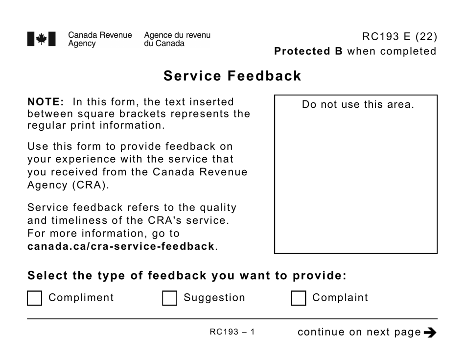 Form RC193 Service Feedback (Large Print) - Canada, Page 1