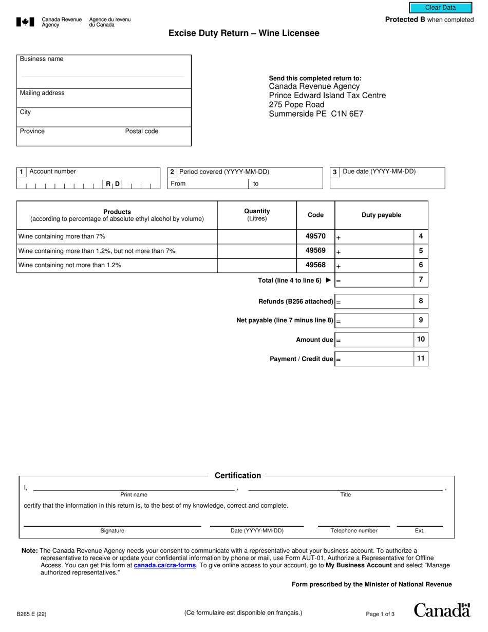 Form B265 Download Fillable PDF or Fill Online Excise Duty Return