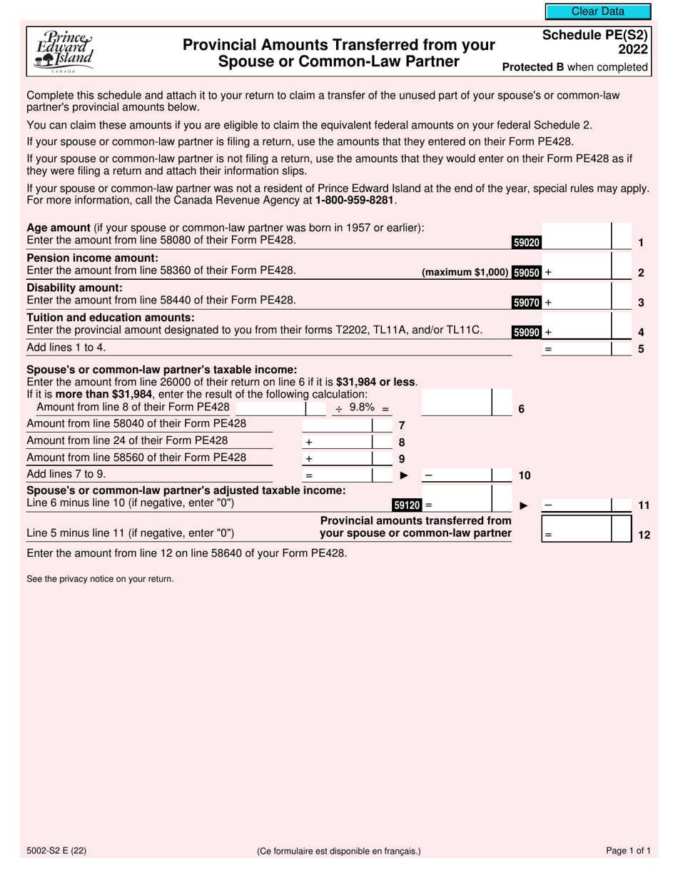Form 5002-S2 Schedule PE(S2) Provincial Amounts Transferred From Your Spouse or Common-Law Partner - Canada, Page 1